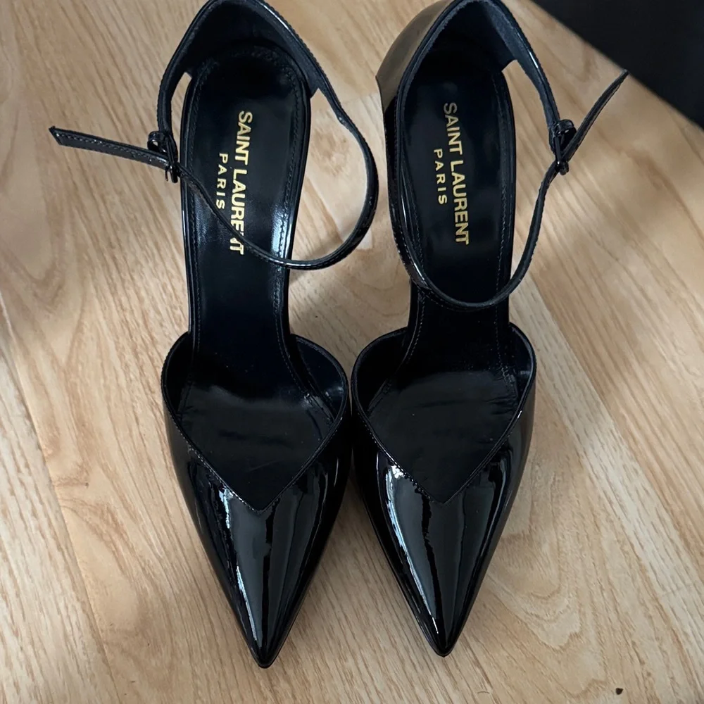 Saint Laurent Black Patent Pointed-Toe Ankle-Strap Heels - Picture 2 of 6